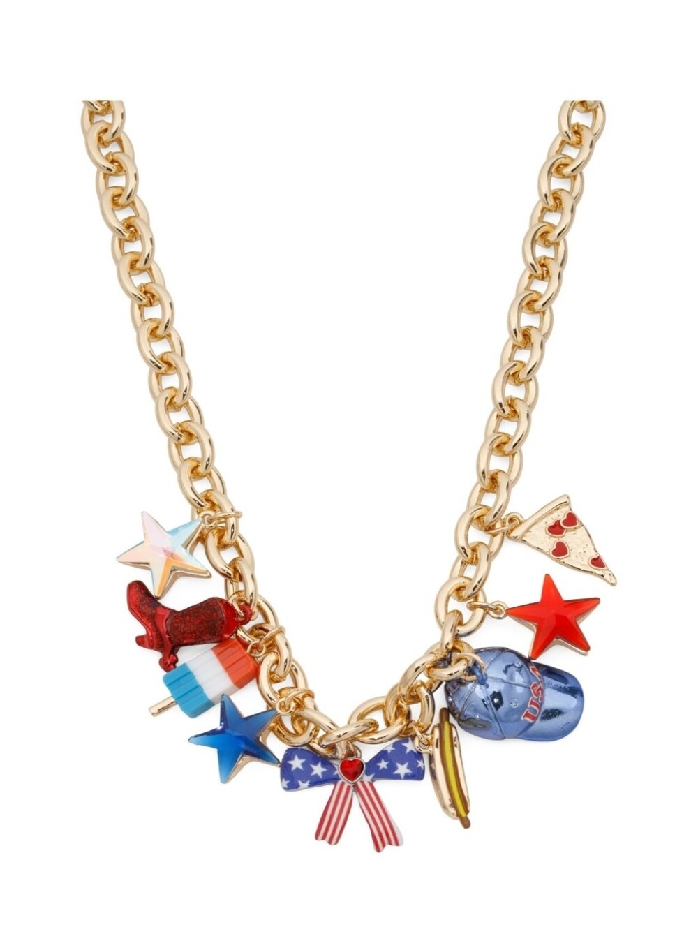 🇺🇸▪️Betsey Johnson ▪️Gold Patriotic Americana Charm Necklace Enamel Charms